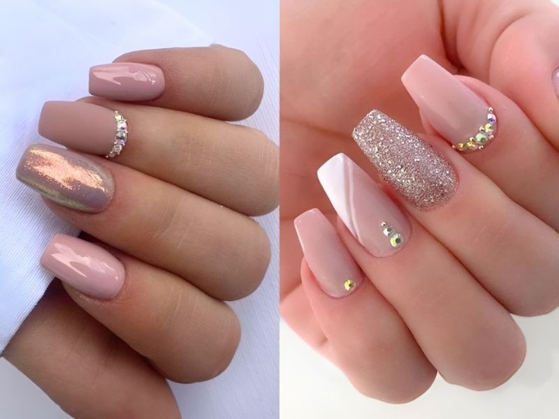 mẫu nail màu nude đính đá