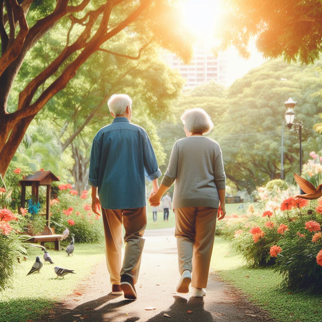 two people walking in a park