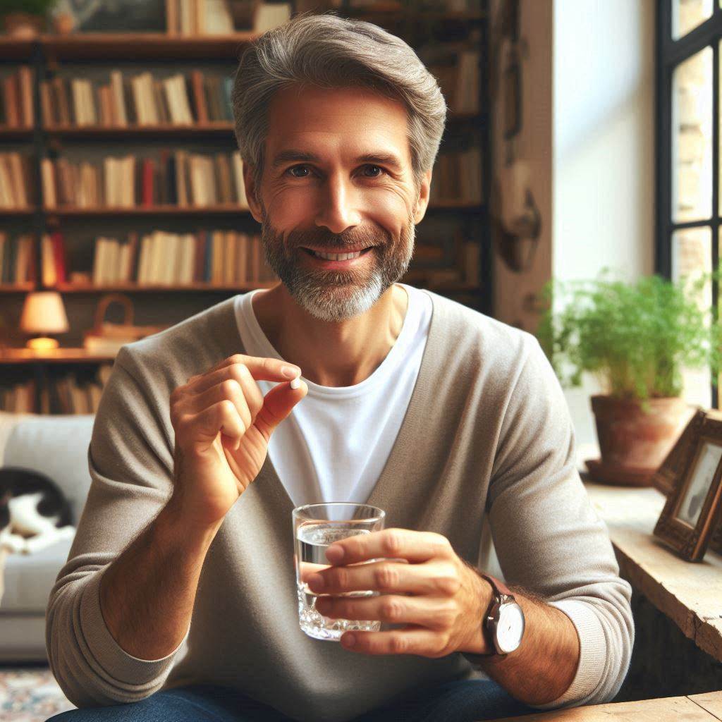 A man holding a pill with a glass of water